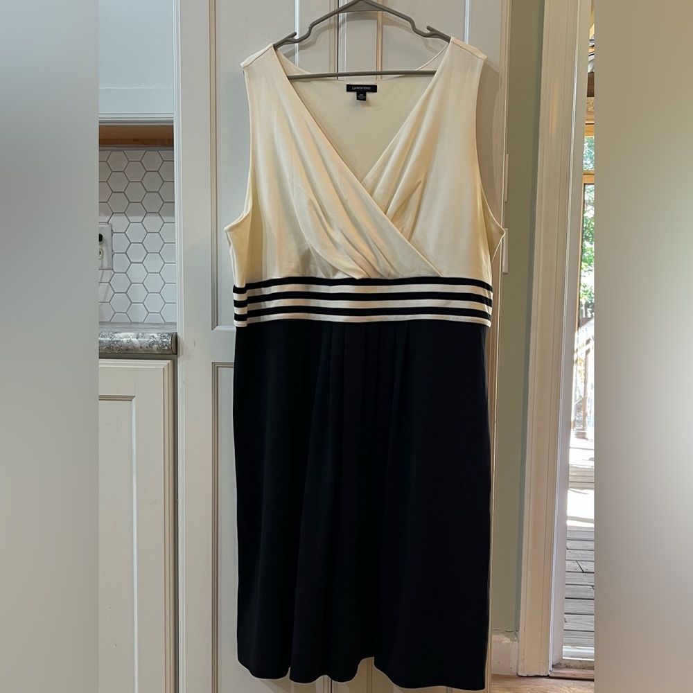 3X Lands' End Fit&Flare Cream/Black,Stretchy Cotton Blend.Coastal. Pleated Skirt